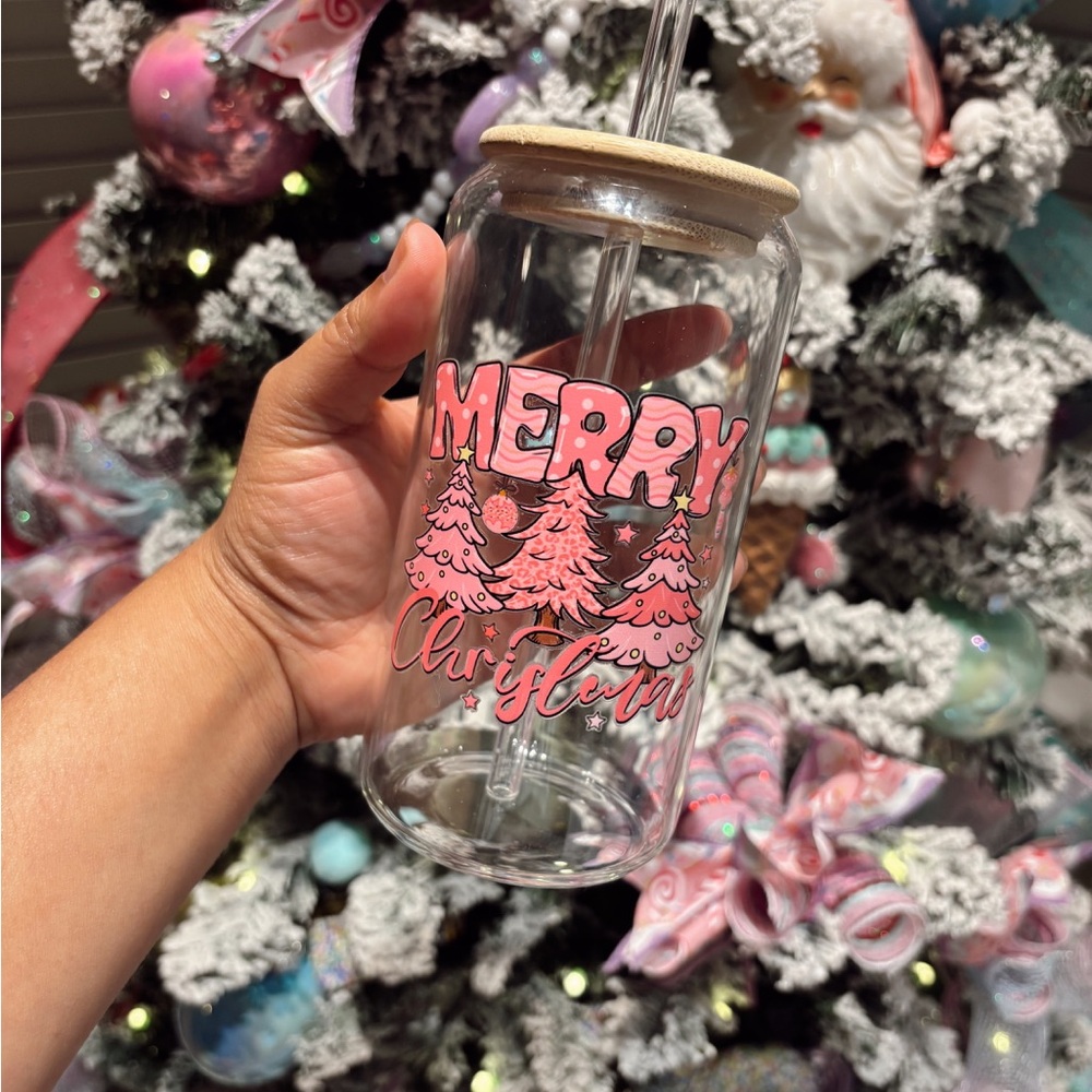 Christmas glass tumbler w/straw